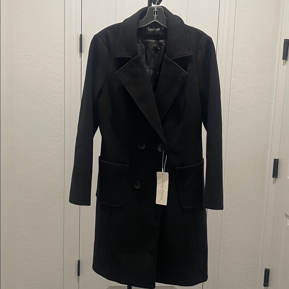 Chou Yatou Double Breasted Wool Blend Black Pea Coat Women’s Sz M with Pocket - Picture 4 of 16